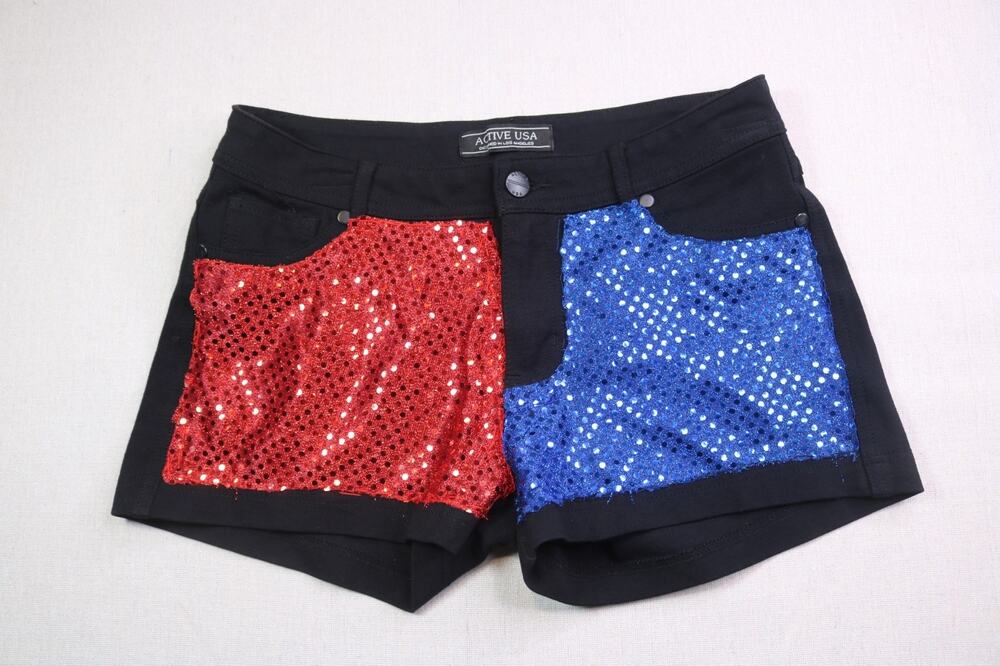 Active USA Sequin Booty Shorts Large Black Red Blue Split Costume Harley Rave